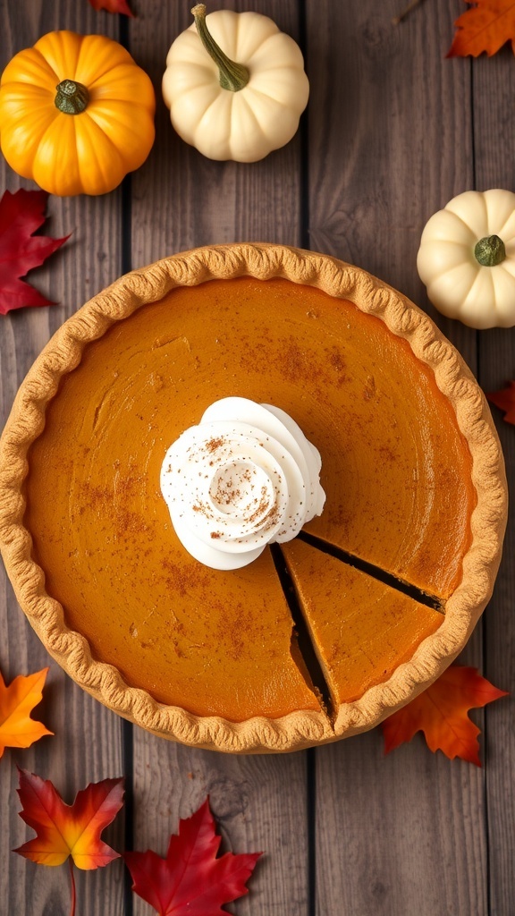Pumpkin Pie Recipe A golden-brown pumpkin pie with whipped cream on top, surrounded by decorative pumpkins and autumn leaves.